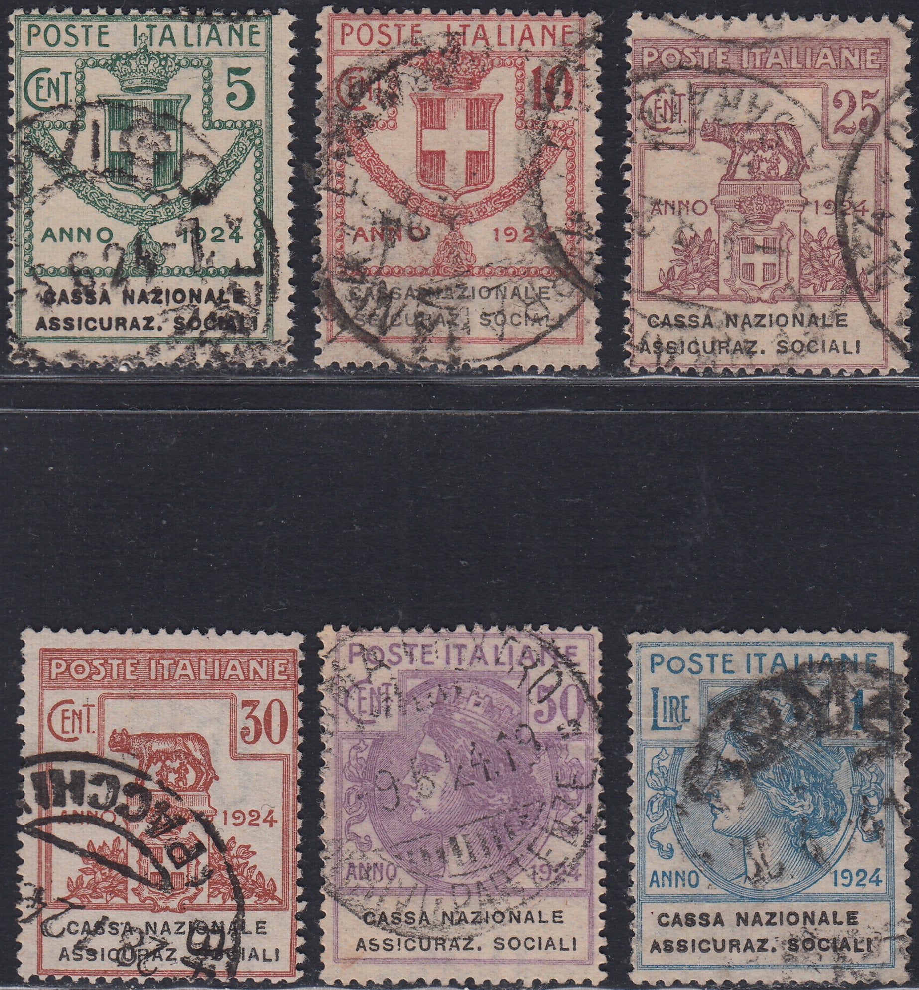 UT488 - 1924 - Enti Parastatali, Cassa Nazionale Assicuraz. Sociali, serie di 6 valori usati (24/29)