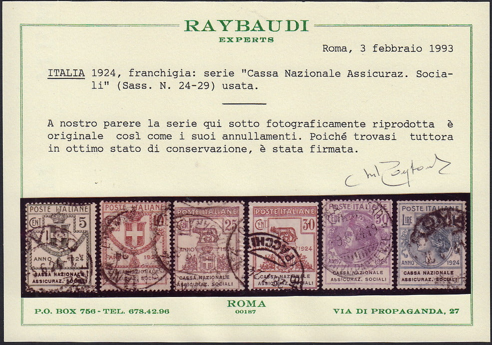 UT488 - 1924 - Enti Parastatali, Cassa Nazionale Assicuraz. Sociali, serie di 6 valori usati (24/29)