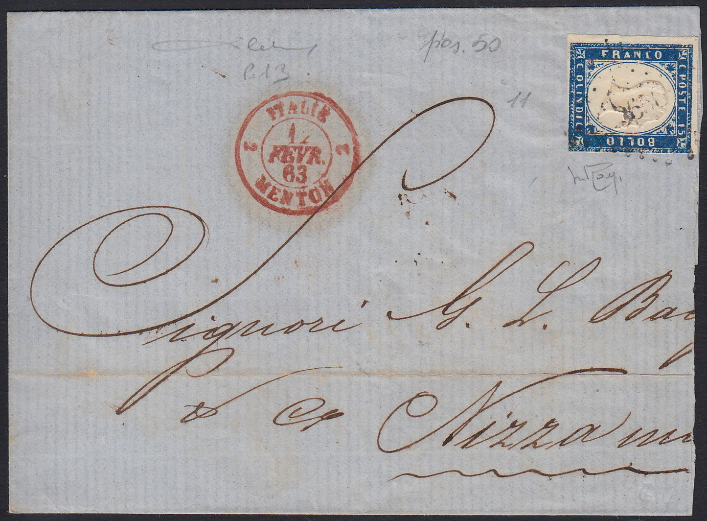 UT48 - Regno d'Italia 1863 c. 15 azzurro tipo Sardegna posizione n. 50 usato su gran parte di lettera diretta a Nizza (11, p.ti 13)