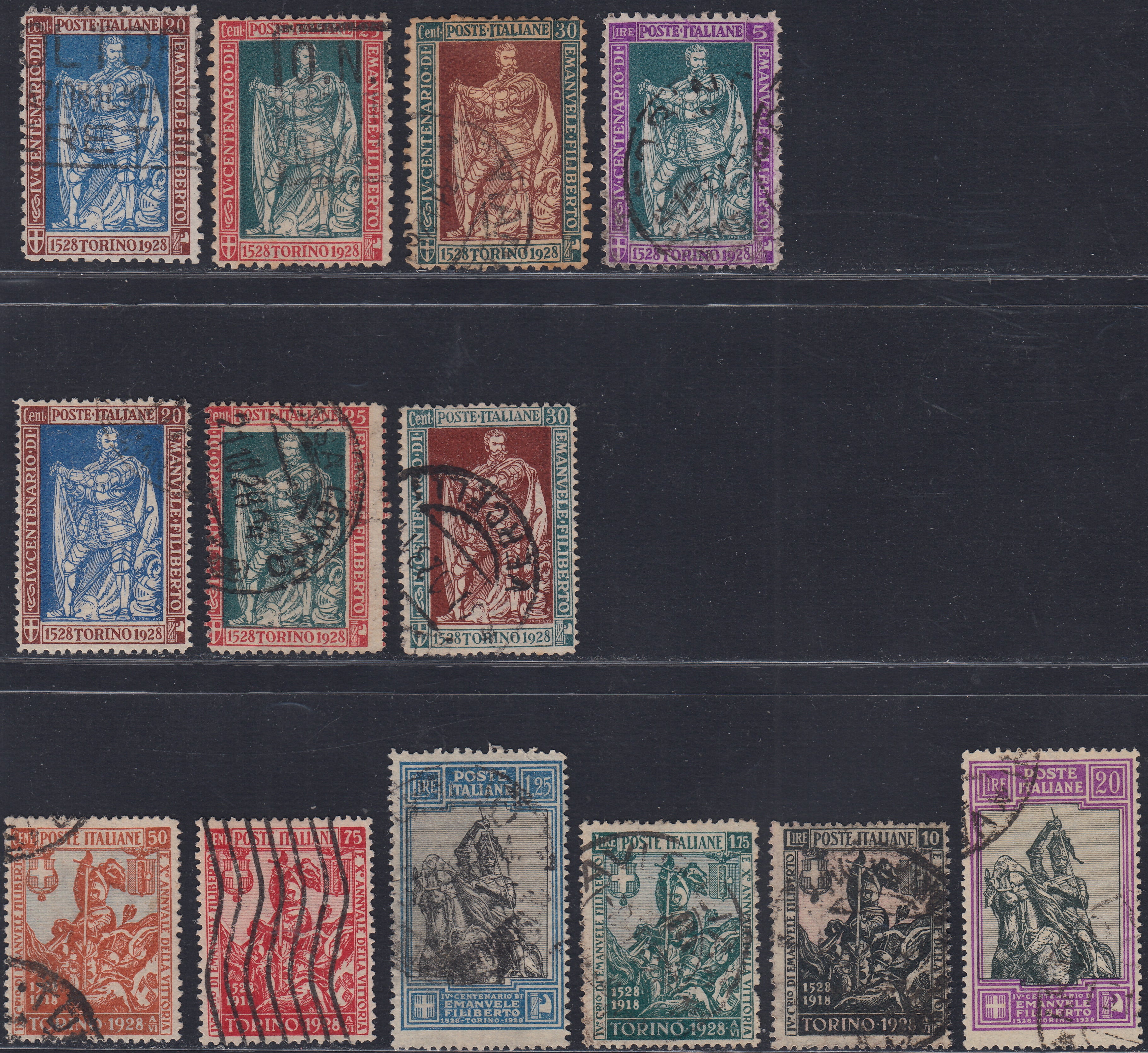 UT490 - 1928 - 4° centenario della nascita di Emanuele Filiberto, serie completa di 13 valori usati con annulli originali (226/238).