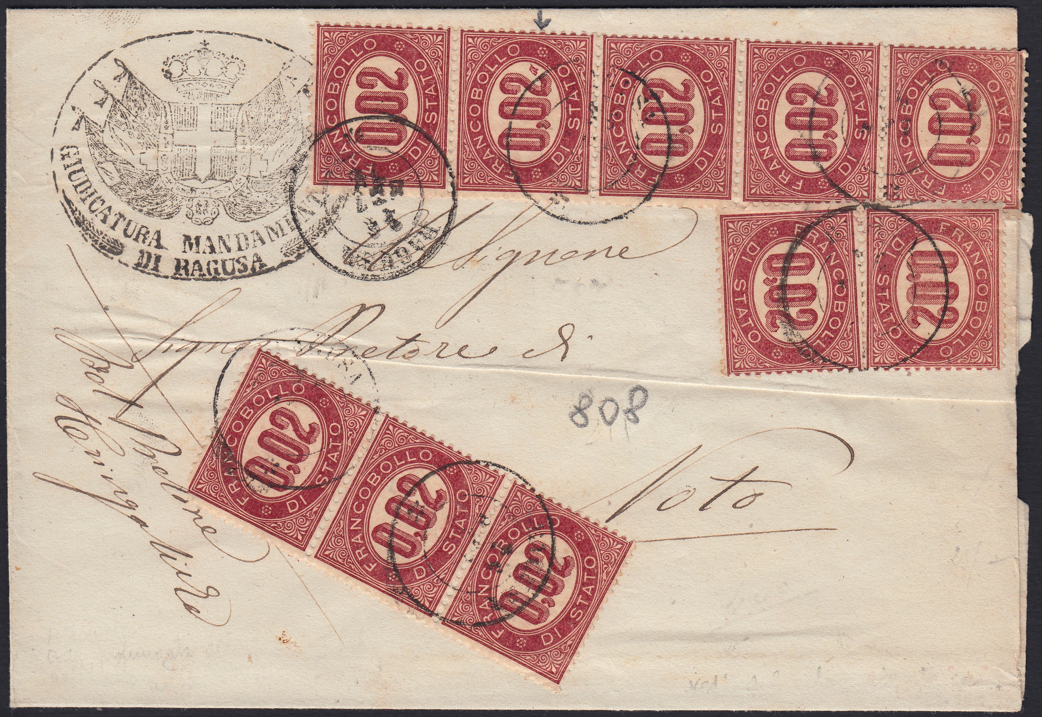 UT497 - 1875 - PIego spedito da Ragusa per Noto affrancato con servizio 2c. lacca striscia di 5 + striscia di 3 + 2 singoli, il piego venne poi rispedito nel percorso inverso rivoltato con un esemplare da c. 2 (1).