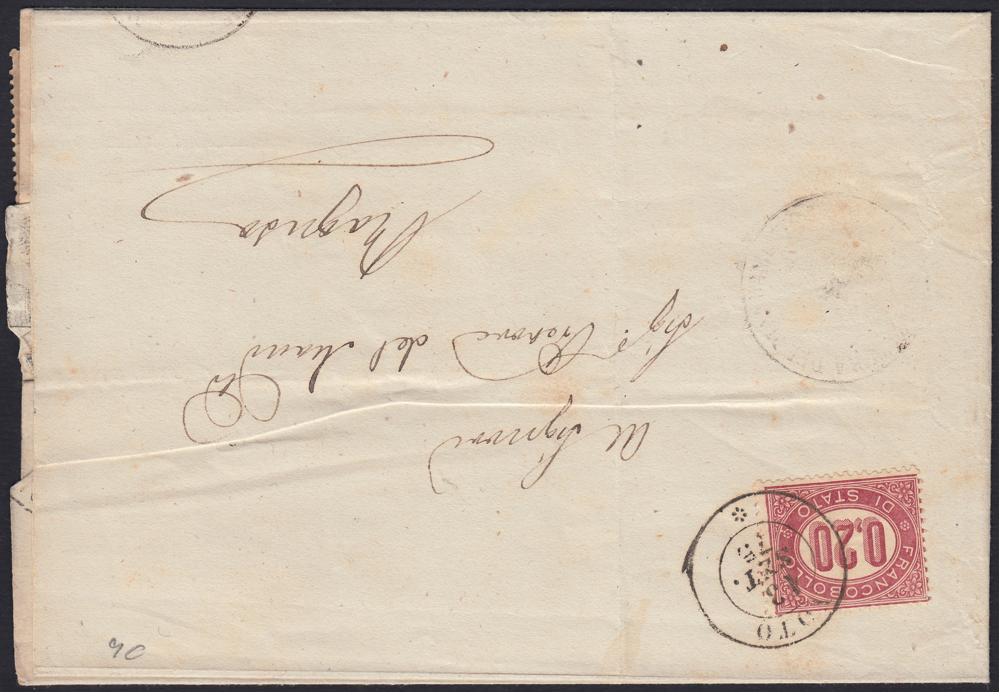 UT497 - 1875 - PIego spedito da Ragusa per Noto affrancato con servizio 2c. lacca striscia di 5 + striscia di 3 + 2 singoli, il piego venne poi rispedito nel percorso inverso rivoltato con un esemplare da c. 2 (1).