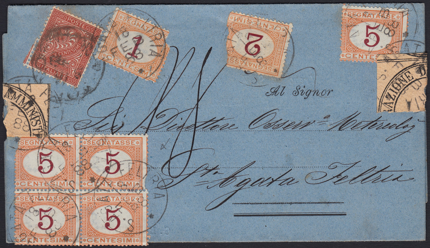 UT498 - 1888 - Stampato con fattura spedito da Torino per S. Agata Feltria affrancata con c.2 rosso mattone trovato insufficiente e tassato per 28 c. a destino (T15 + Tax 3/5)