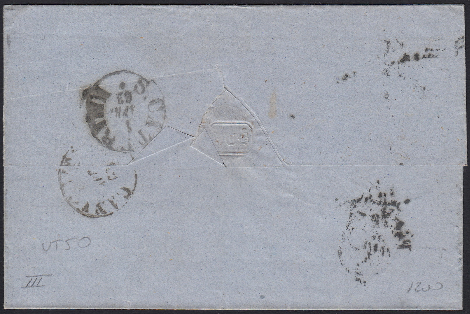 UT50 - 1863 - Lettera spedita da Palermo per Canicattì 31/3/63 affrancata con c. 15 indaco con riflessi violacei (11g).