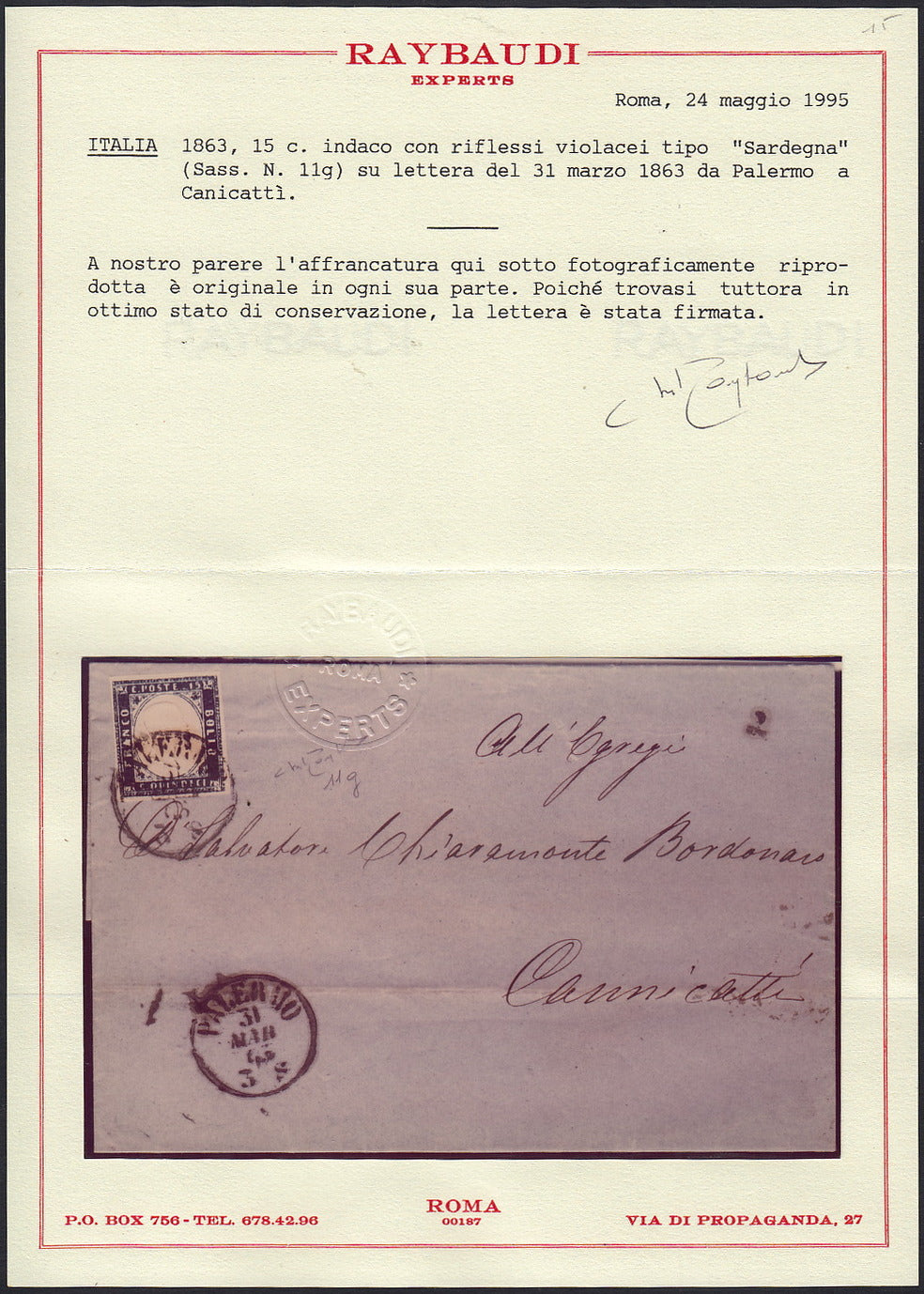 UT50 - 1863 - Lettera spedita da Palermo per Canicattì 31/3/63 affrancata con c. 15 indaco con riflessi violacei (11g).