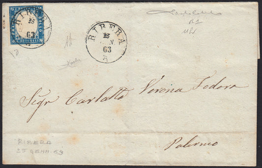 UT52 - 1863 - Lettera spedita da Ribera per Palermo 9/2/63 affrancata con c.15 cobalto verdastro tipo Sardegna (11h, Punti R1)