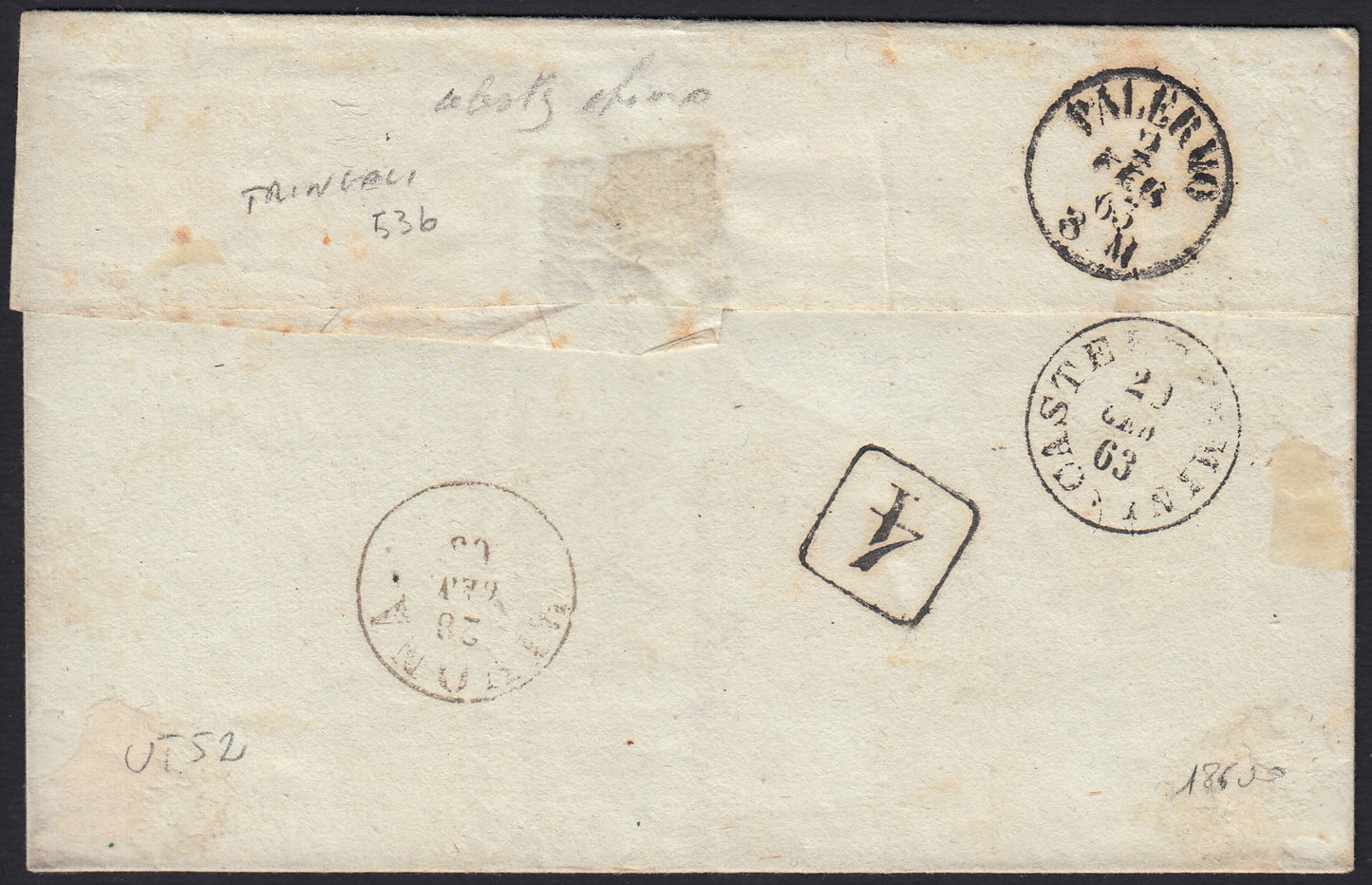 UT52 - 1863 - Lettera spedita da Ribera per Palermo 9/2/63 affrancata con c.15 cobalto verdastro tipo Sardegna (11h, Punti R1)