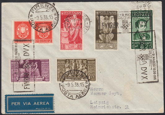 UT577 - 1938 - Posta aerea spedita da Firenze per Lipsia il 09/05/38 affrancata con Imperiale c. 2 arancio, Augusto c. 15 bruno, c. 20 rosso, P.A. c. 25 lilla, c. 50 bruno oliva, Uomini Illustri c. 25 verde. ( 242A, 417, 418, A106, A107, 428)