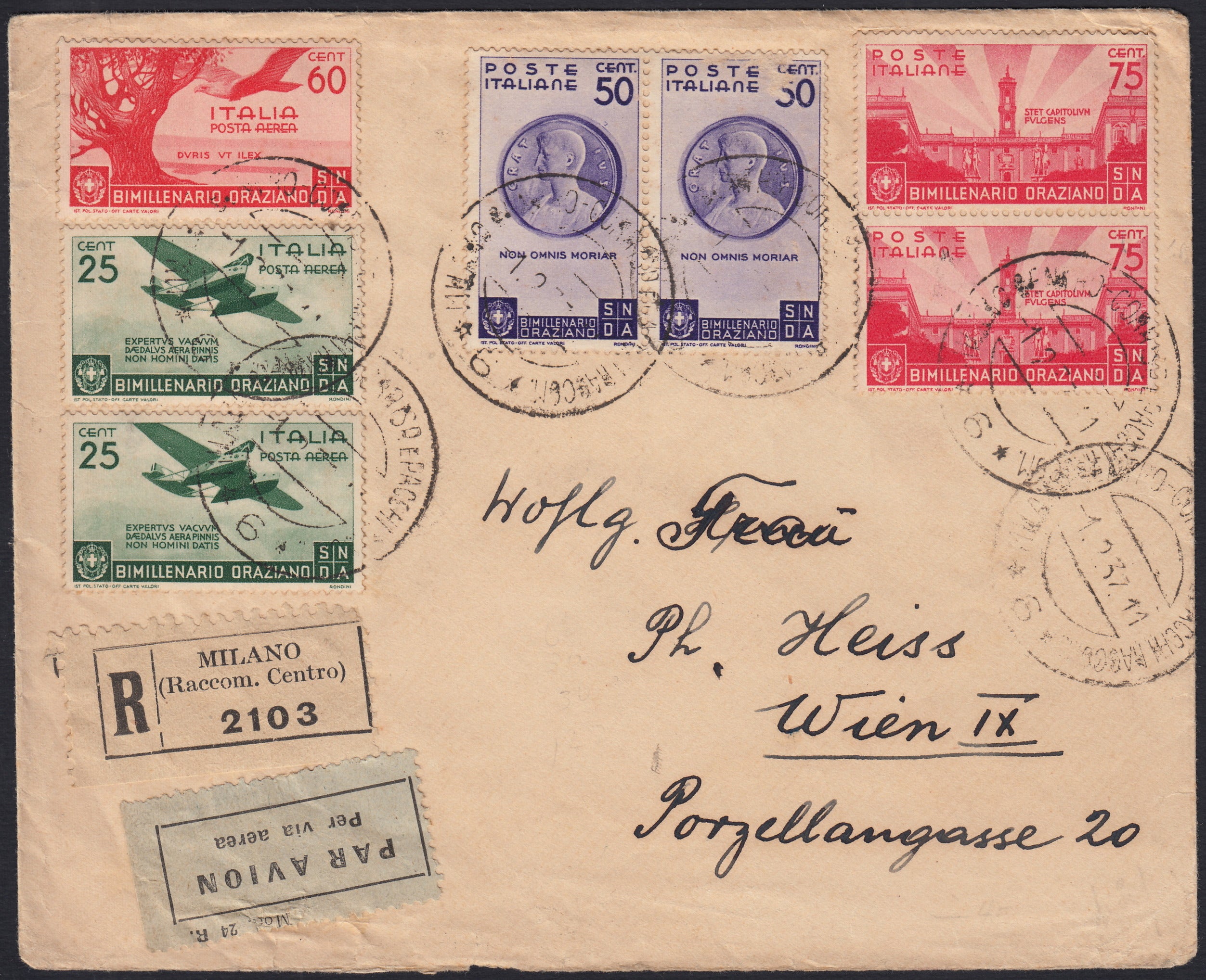 UT578 - 1936 - Raccomandata aerea spedita da Milano per Vienna affrancata con Orazio coppia del c. 50 violetto, coppia del c. 75 carminio, + P.A. due esemplari del c. 25 verde, c. 60 rosso. (401, 402, A95, A97)