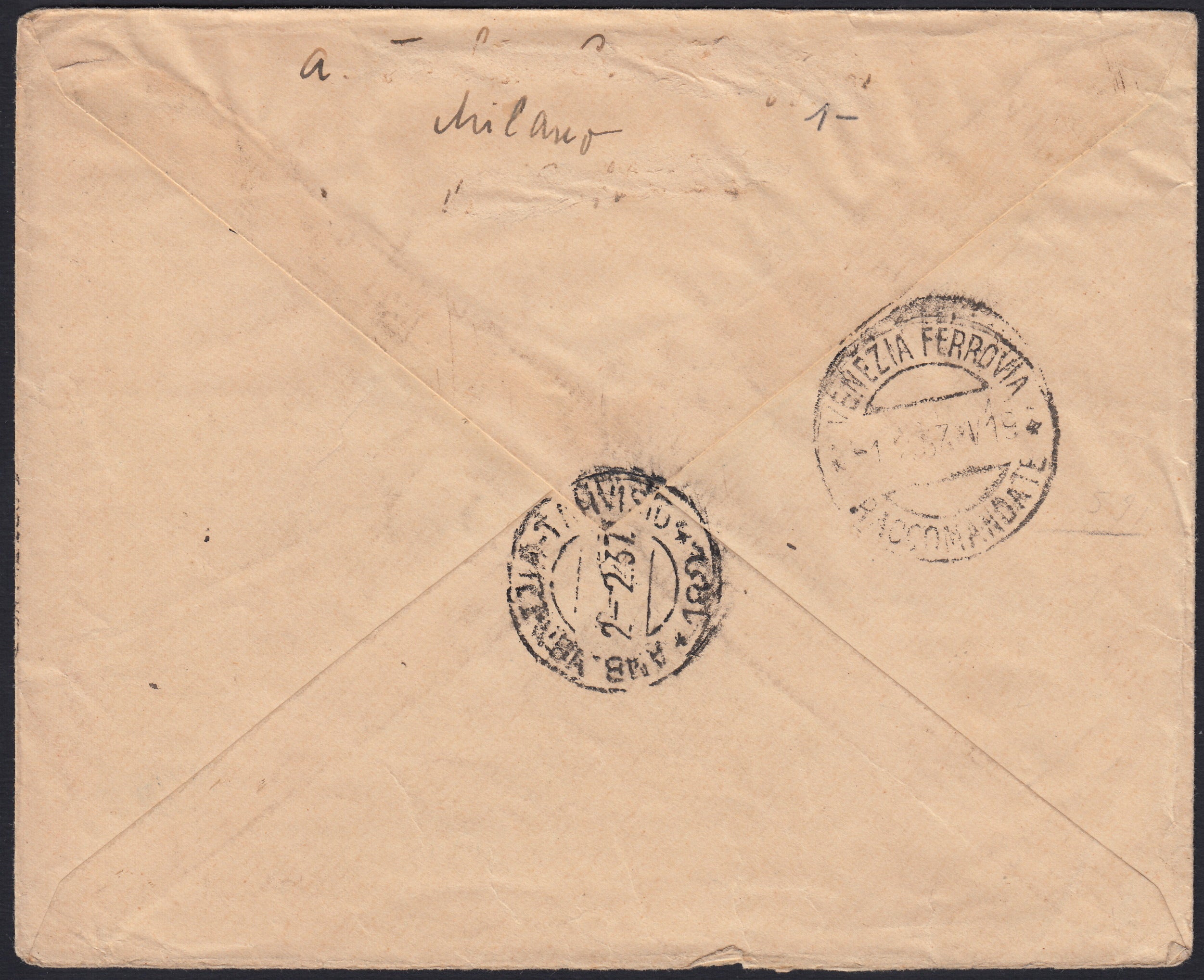 UT578 - 1936 - Raccomandata aerea spedita da Milano per Vienna affrancata con Orazio coppia del c. 50 violetto, coppia del c. 75 carminio, + P.A. due esemplari del c. 25 verde, c. 60 rosso. (401, 402, A95, A97)