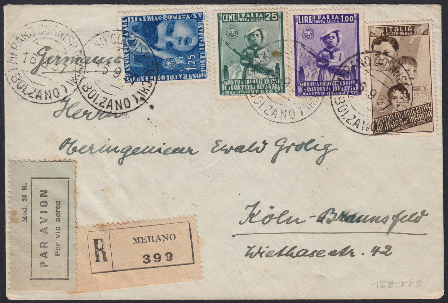 UT581 - 1937 - Raccomandata aerea spedita da Merano per la Germania il 16/09/37 affrancata con Colonie estive L. 1,25 azzurro + P.A. c. 25 verde + c. 50 bruno + L. 1 violetto,  al verso c. 75 carminio due esemplari. (411, 412, A100, A101, A102).