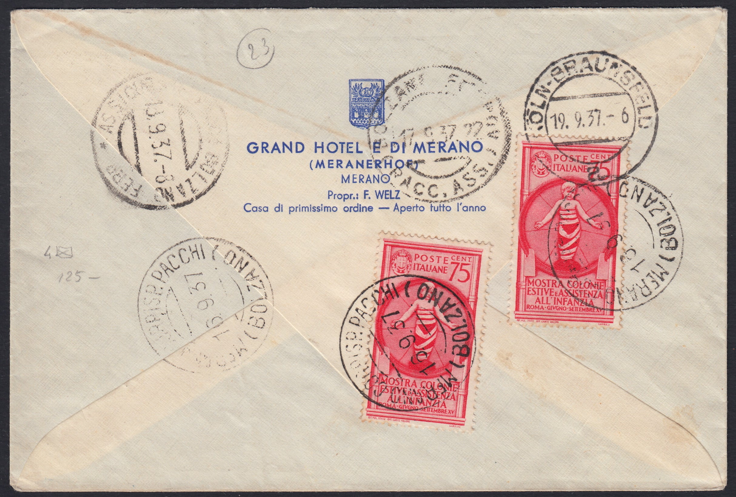 UT581 - 1937 - Raccomandata aerea spedita da Merano per la Germania il 16/09/37 affrancata con Colonie estive L. 1,25 azzurro + P.A. c. 25 verde + c. 50 bruno + L. 1 violetto,  al verso c. 75 carminio due esemplari. (411, 412, A100, A101, A102).