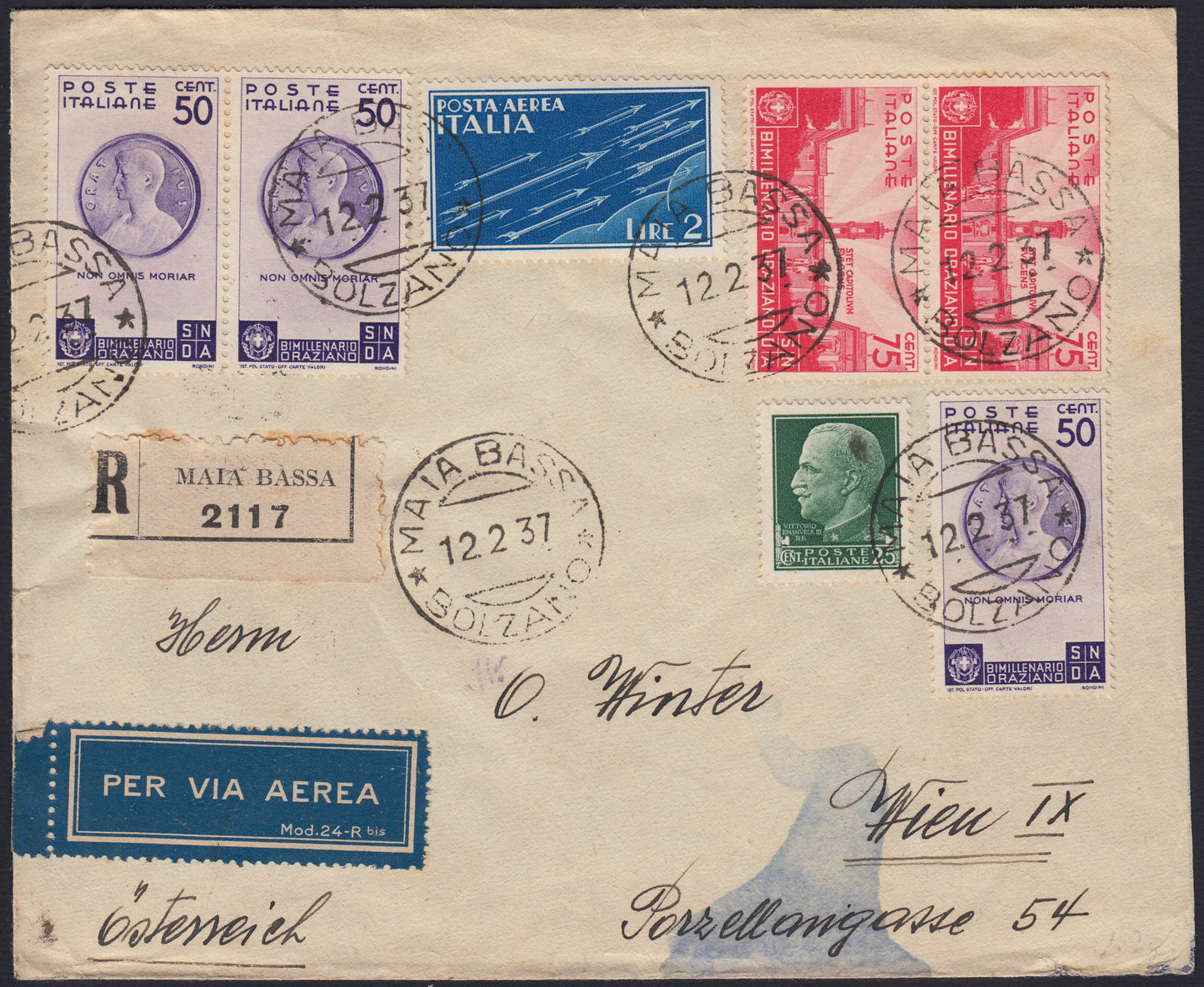 UT582 - Raccomandata aerea spedita da Maia Bassa (Bolzano) per Vienna 12/02/27 affrancata con Orazio tre esemplari c. 50 violetto, c. 75 carminio, Imperiale c. 25 verde, P.A. L. 2 azzurro.