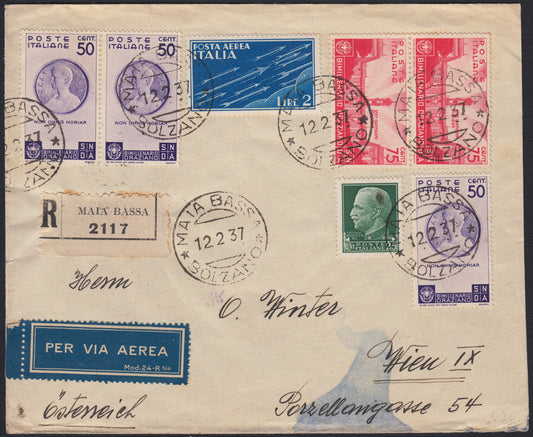 UT582 - Raccomandata aerea spedita da Maia Bassa (Bolzano) per Vienna 12/02/27 affrancata con Orazio tre esemplari c. 50 violetto, c. 75 carminio, Imperiale c. 25 verde, P.A. L. 2 azzurro.