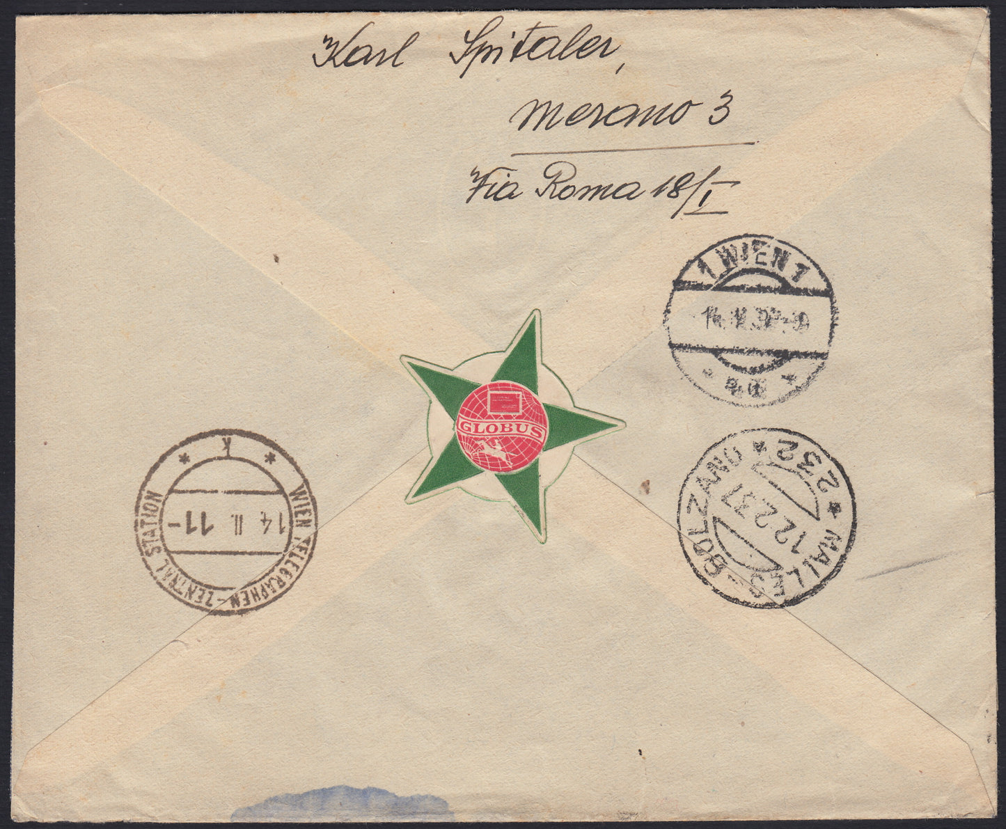 UT582 - Raccomandata aerea spedita da Maia Bassa (Bolzano) per Vienna 12/02/27 affrancata con Orazio tre esemplari c. 50 violetto, c. 75 carminio, Imperiale c. 25 verde, P.A. L. 2 azzurro.