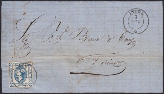 UT645 - 1863 - Lettera spedita da Intra per Torino 2/12 (63) affrancata con c.15 azzurro litografico provvisorio del II tipo (13, annullo inedito)