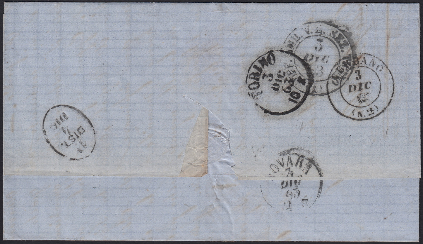 UT645 - 1863 - Lettera spedita da Intra per Torino 2/12 (63) affrancata con c.15 azzurro litografico provvisorio del II tipo (13, annullo inedito)