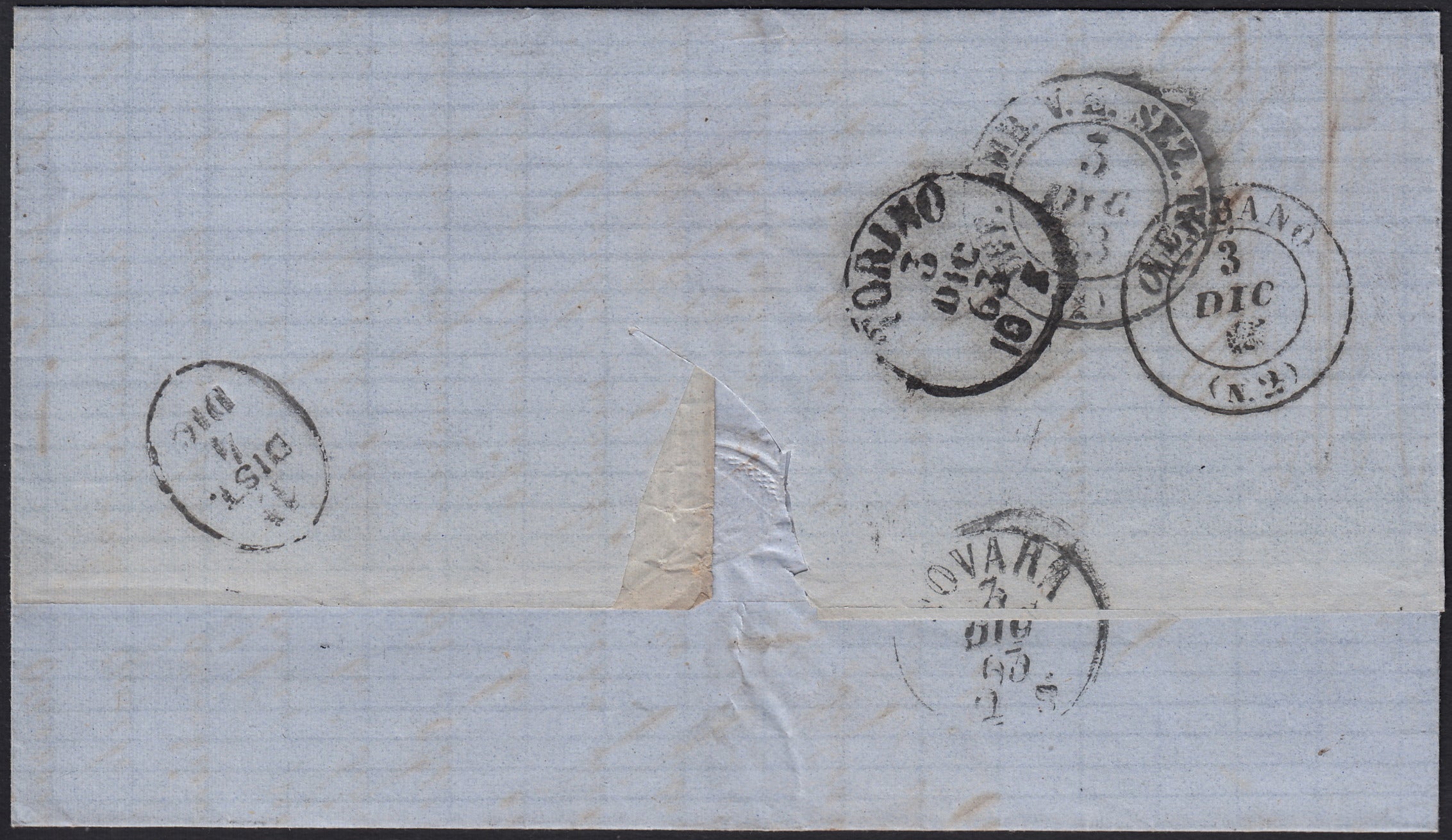 UT645 - 1863 - Lettera spedita da Intra per Torino 2/12 (63) affrancata con c.15 azzurro litografico provvisorio del II tipo (13, annullo inedito)