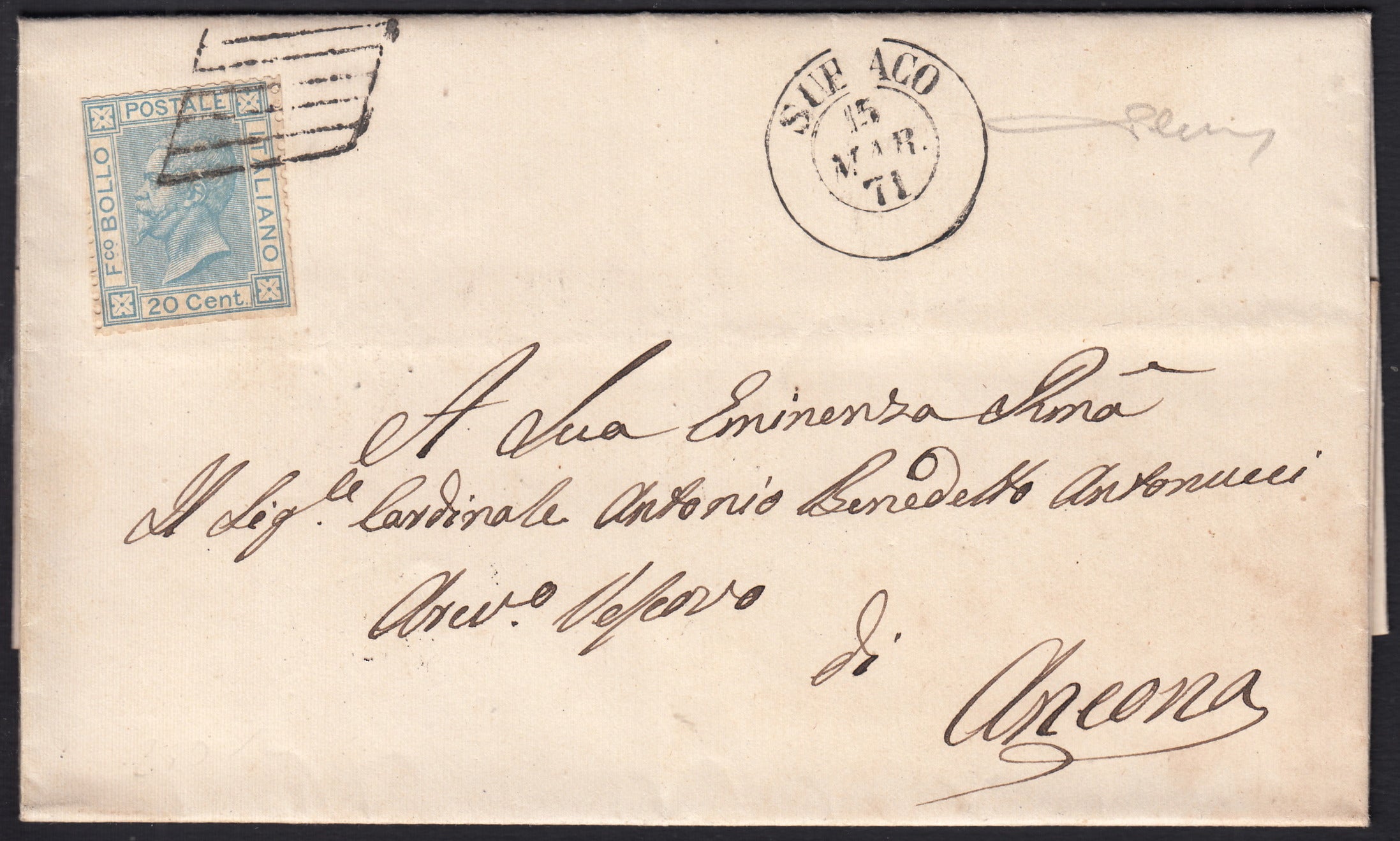 UT659 - 1871 - Lettera spedita da Subiaco per Ancona 15/3/71 affrancata con c.20 celeste annullato a griglia (L26, p.ti 10)