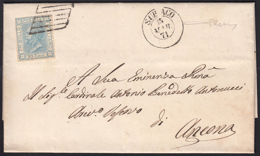 UT659 - 1871 - Lettera spedita da Subiaco per Ancona 15/3/71 affrancata con c.20 celeste annullato a griglia (L26, p.ti 10)