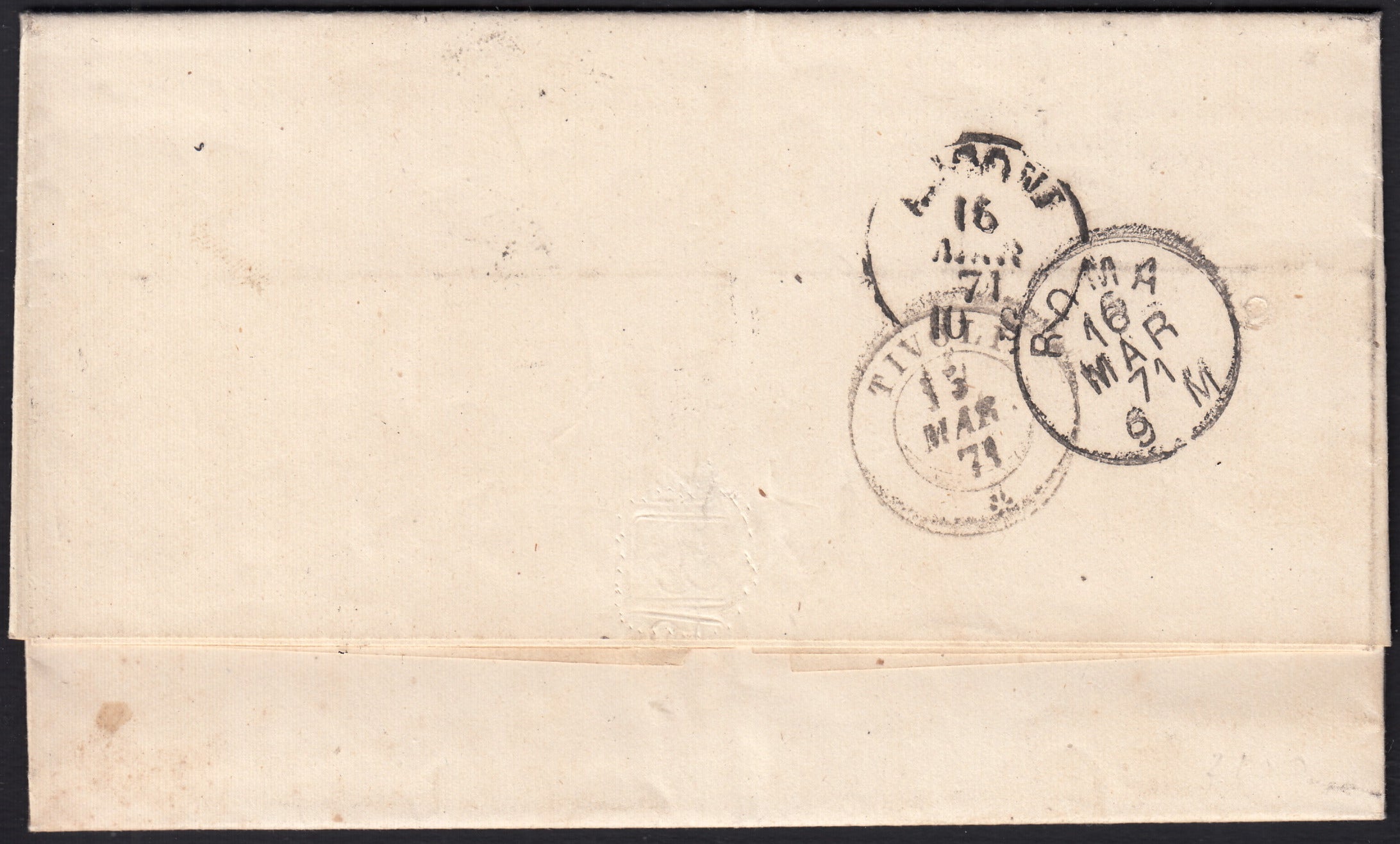 UT659 - 1871 - Lettera spedita da Subiaco per Ancona 15/3/71 affrancata con c.20 celeste annullato a griglia (L26, p.ti 10)