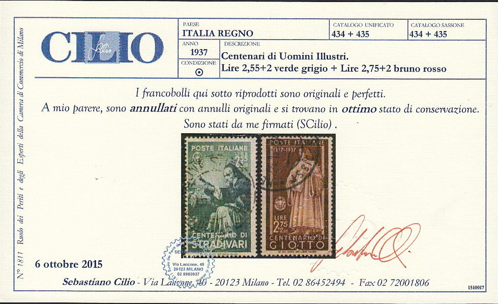 UT665 - 1937 - Centenari di Uomini Illustri, gli Alti Valori d L 2,55 + 2 verde grigio e L. 2,75 + 2 bruno rosso usati con annulli originali. (434/435).