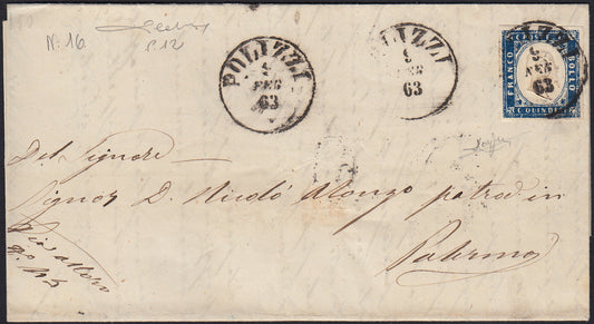 UT66 - 1863 - Lettera spedita da Polizzi per Palermo 9/2/63 affrancata con c.15 azzurro tipo Sardegna (11, Punti 12)