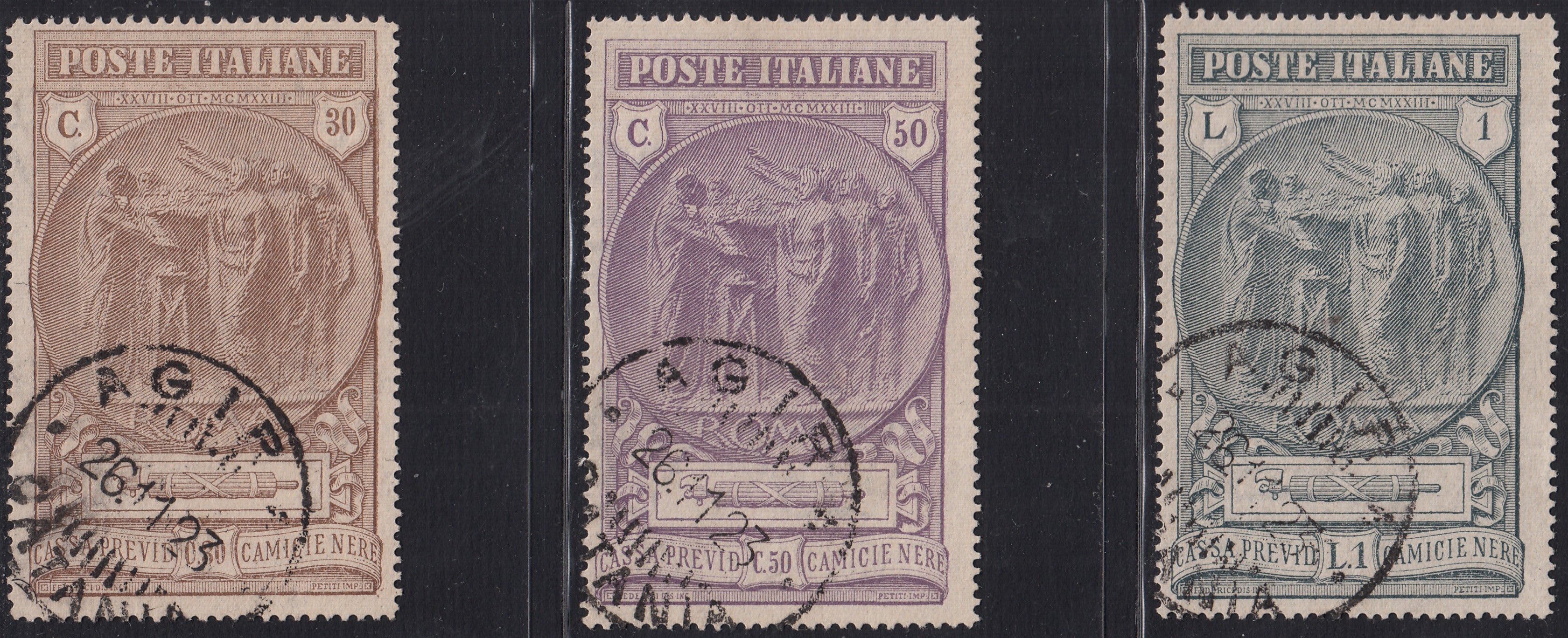 1930 – Virgilio, Ten cuttings of an advertising poster on thick cardboard with a perforated impression printed in black in the outline and diagonally the wording SAGGIO in block capitals.