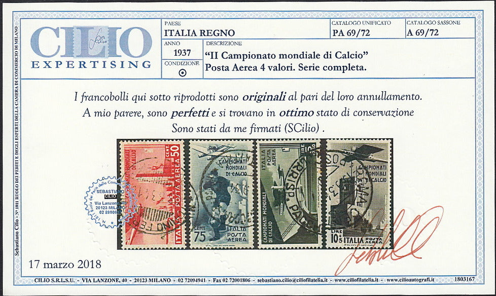 UT672 - 1934 - Campionati mondiali di calcio in Italia, Serie completa dei cinque valori di Posta Aerea usati con annulli originali. (A69/A72)