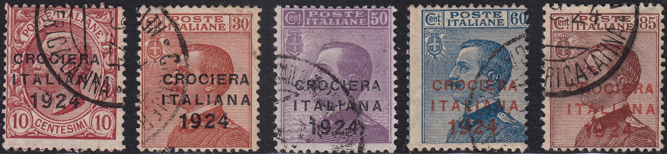 1930 – Virgilio, Ten cuttings of an advertising poster on thick cardboard with a perforated impression printed in black in the outline and diagonally the wording SAGGIO in block capitals.