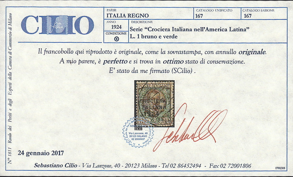 UT677 - 1924 - Crociera Italiana nell'America Latina L. 1 bruno e verde usato con annullo originale (167).