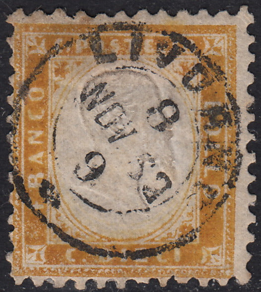 UT678 - 1862 - Emissione dentellata, c. 10 arancio ocra usato Livorno 8/11/62 (1h)