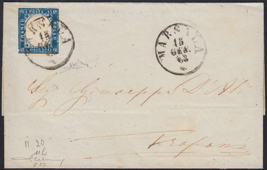 UT67 - 1863 - Lettera spedita da Marsala per Trapani 13/1/63 affrancata con c.15 cobalto verdastro tipo Sardegna (11h, punti 10)