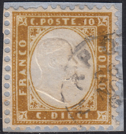 UT680 - 1862 - Emissione dentellata, c. 10 bistro oliva usato su frammento (1e)