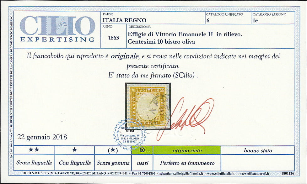 1862 - Effigy of Vittorio Emanuele II facing right, c. 80 dark orange yellow comb-pierced, used (4b)