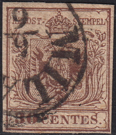 UT682- 1850 - I emissione c. 30 bruno rossastro I tipo carta a mano usato (7f)