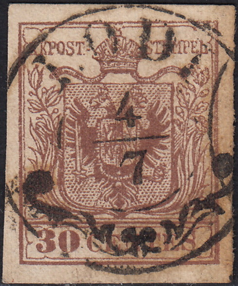 UT683 - 1850 - I emissione c. 30 bruno grigiastro I tipo carta a mano usato (8a)