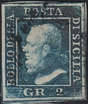 UT686 - 1859 - Effigie di Federico II di Borbone, 2 grana azzurro stampa secca I tavola usato (6)