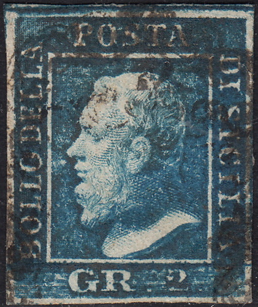 UT688 - 1859 - Effigie di Federico II di Borbone, 2 grana azzurro I tavola usato (6a)