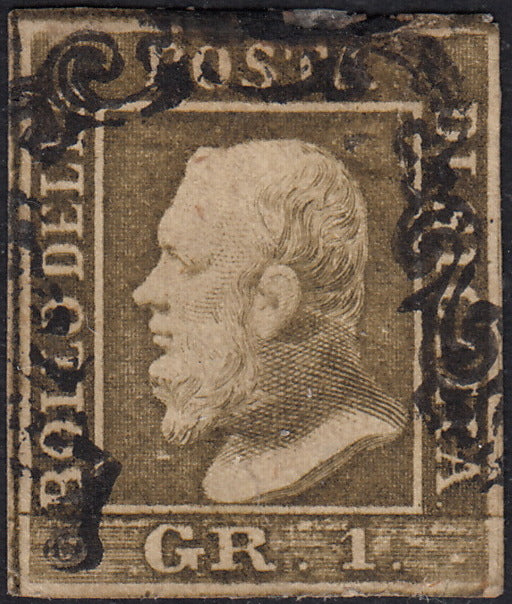 UT690 - 1859 - Effigie di Federico II di Borbone, 1 grana bruno oliva chiaro II tavola usato (4c)