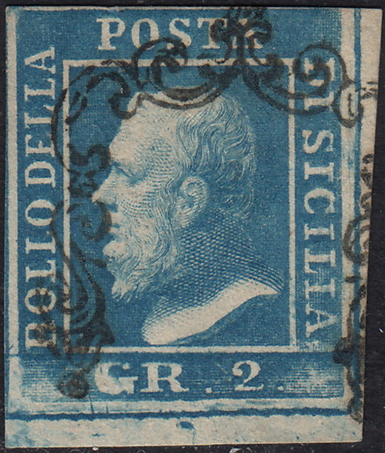 UT694 - 1859 - Effigie di Federico II di Borbone, 2 grana azzurro II tavola carta di Palermo usato (7)