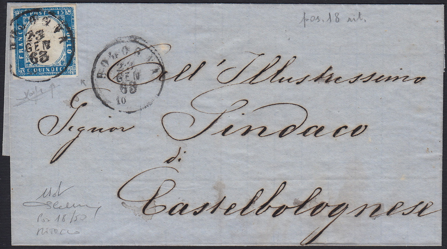 Kingdom of Italy c.1863 15 light blue Sardinia type used 1/1/1863 first day of issue (11d)