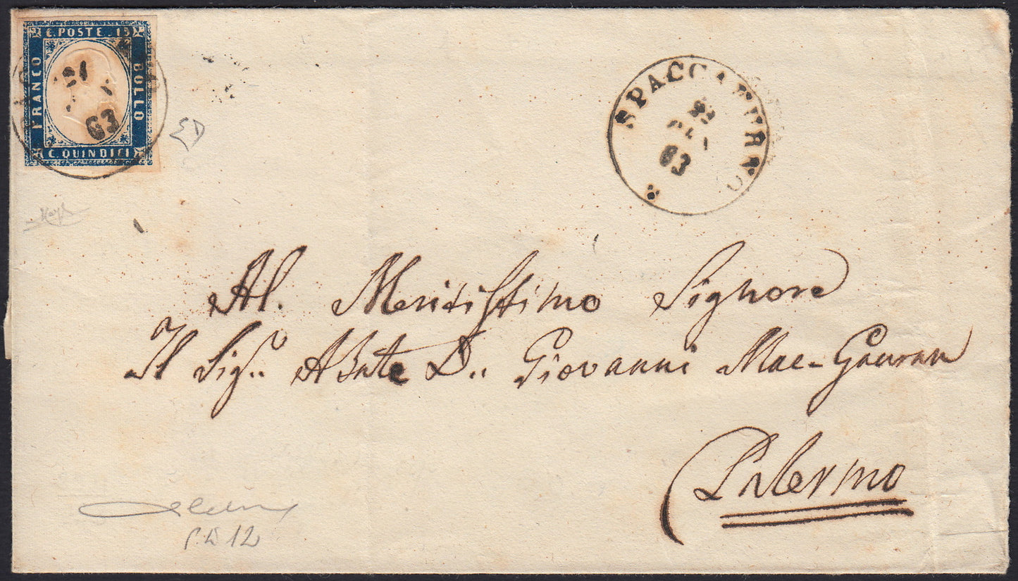 UT74 - 1863 - Lettera spedita da Spaccafurno per Palermo 22/1/63 affrancata con c.15 azzurro tipo Sardegna (11)