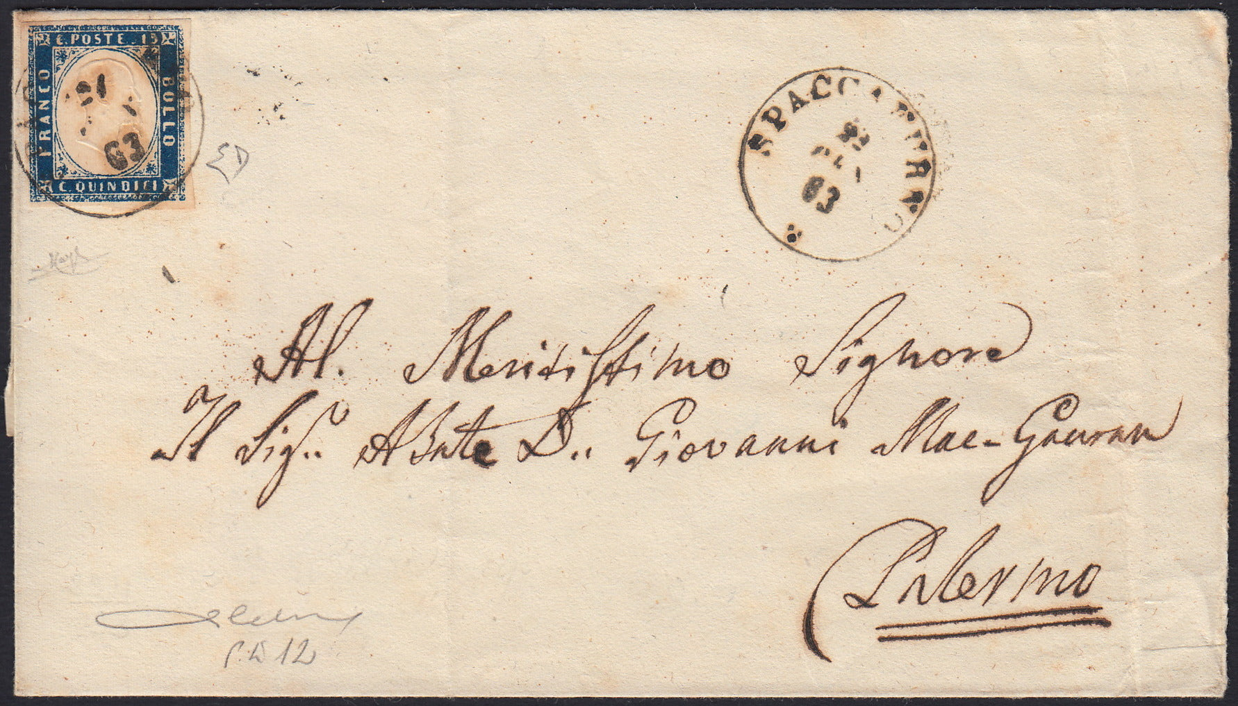 UT74 - 1863 - Lettera spedita da Spaccafurno per Palermo 22/1/63 affrancata con c.15 azzurro tipo Sardegna (11)