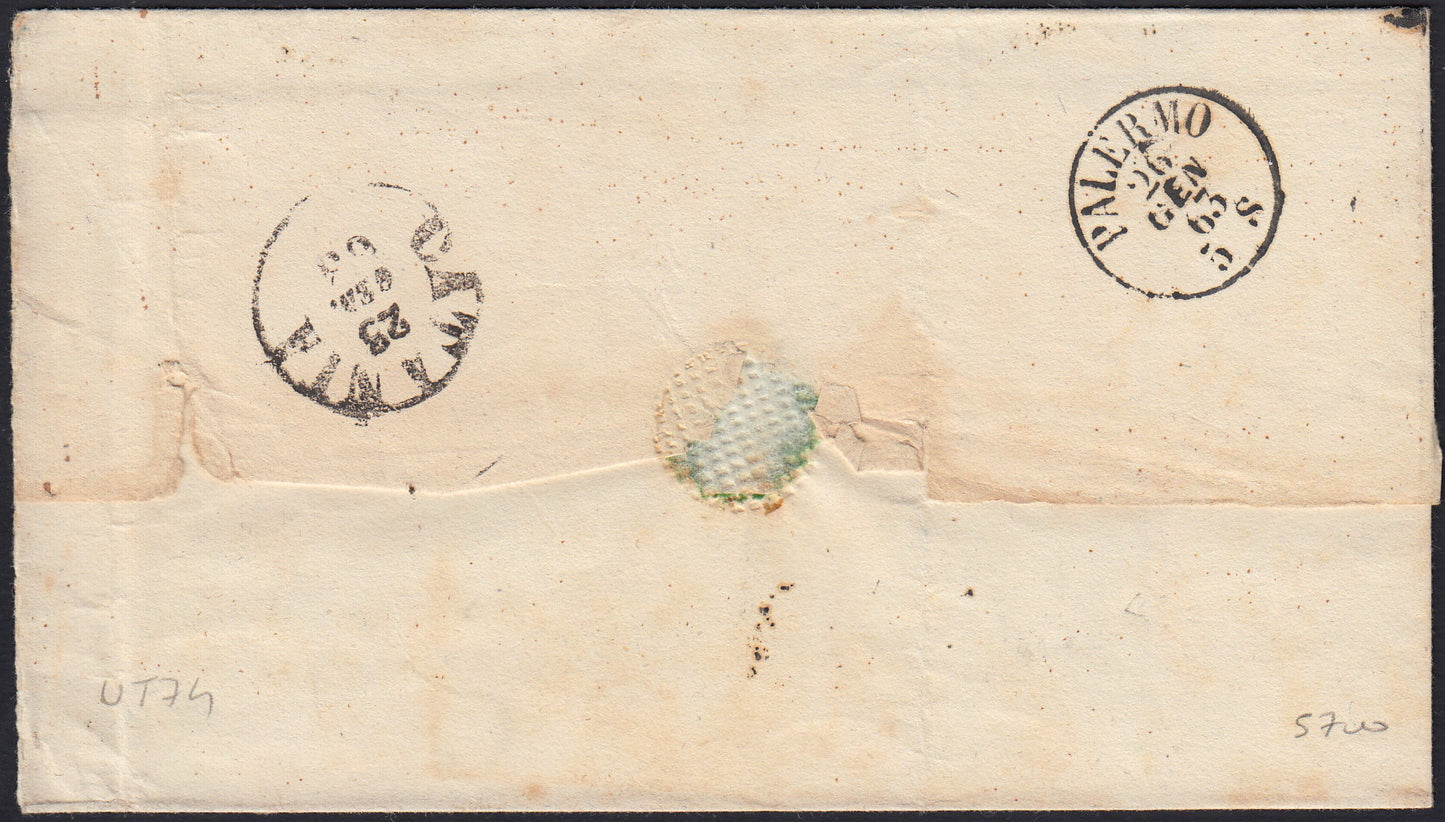 UT74 - 1863 - Lettera spedita da Spaccafurno per Palermo 22/1/63 affrancata con c.15 azzurro tipo Sardegna (11)