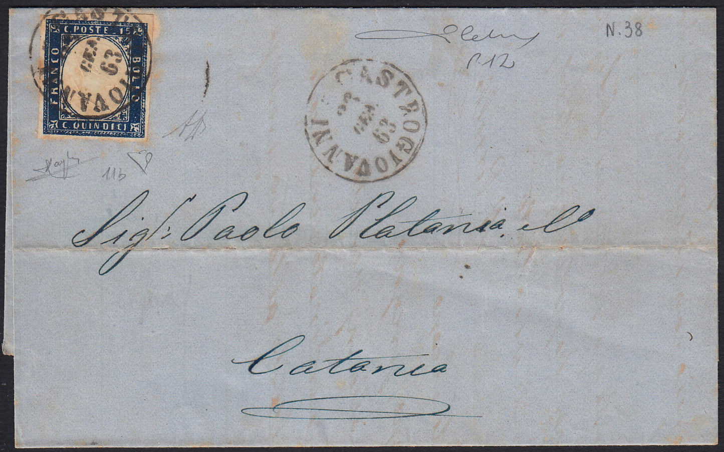 UT75 - 1863 - Lettera spedita da Castrogiovanni per Catania 26/1/63 affrancata con c.15 azzurro scuro tipo Sardegna (11b)