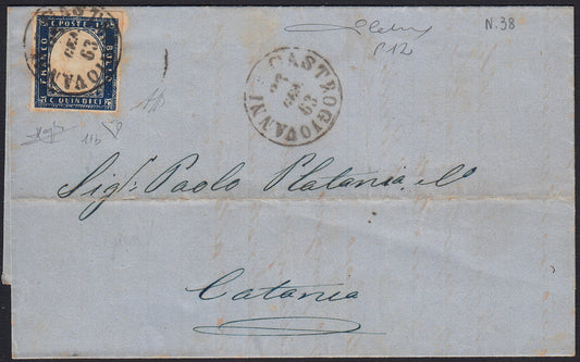 UT75 - 1863 - Lettera spedita da Castrogiovanni per Catania 26/1/63 affrancata con c.15 azzurro scuro tipo Sardegna (11b)