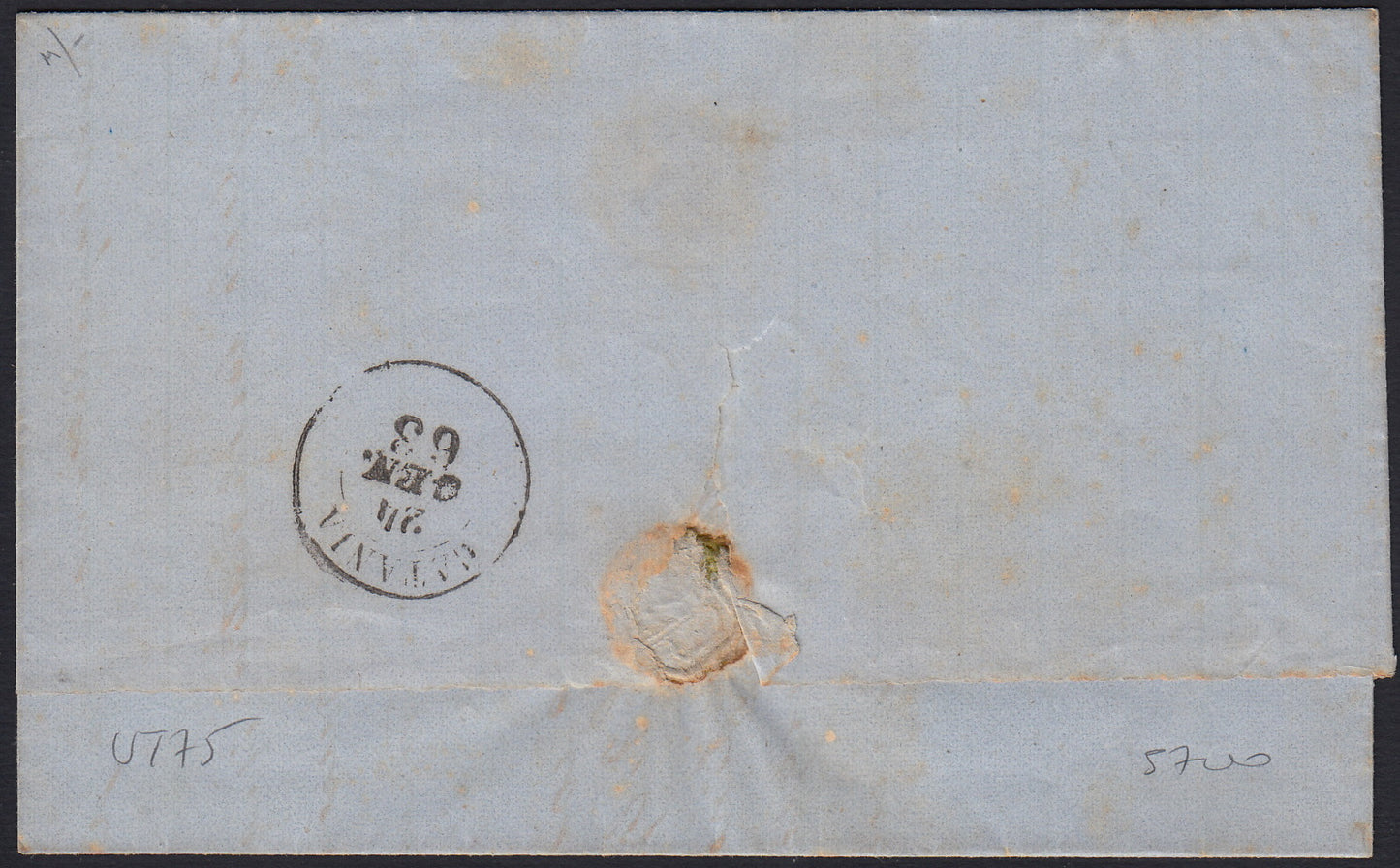 UT75 - 1863 - Lettera spedita da Castrogiovanni per Catania 26/1/63 affrancata con c.15 azzurro scuro tipo Sardegna (11b)