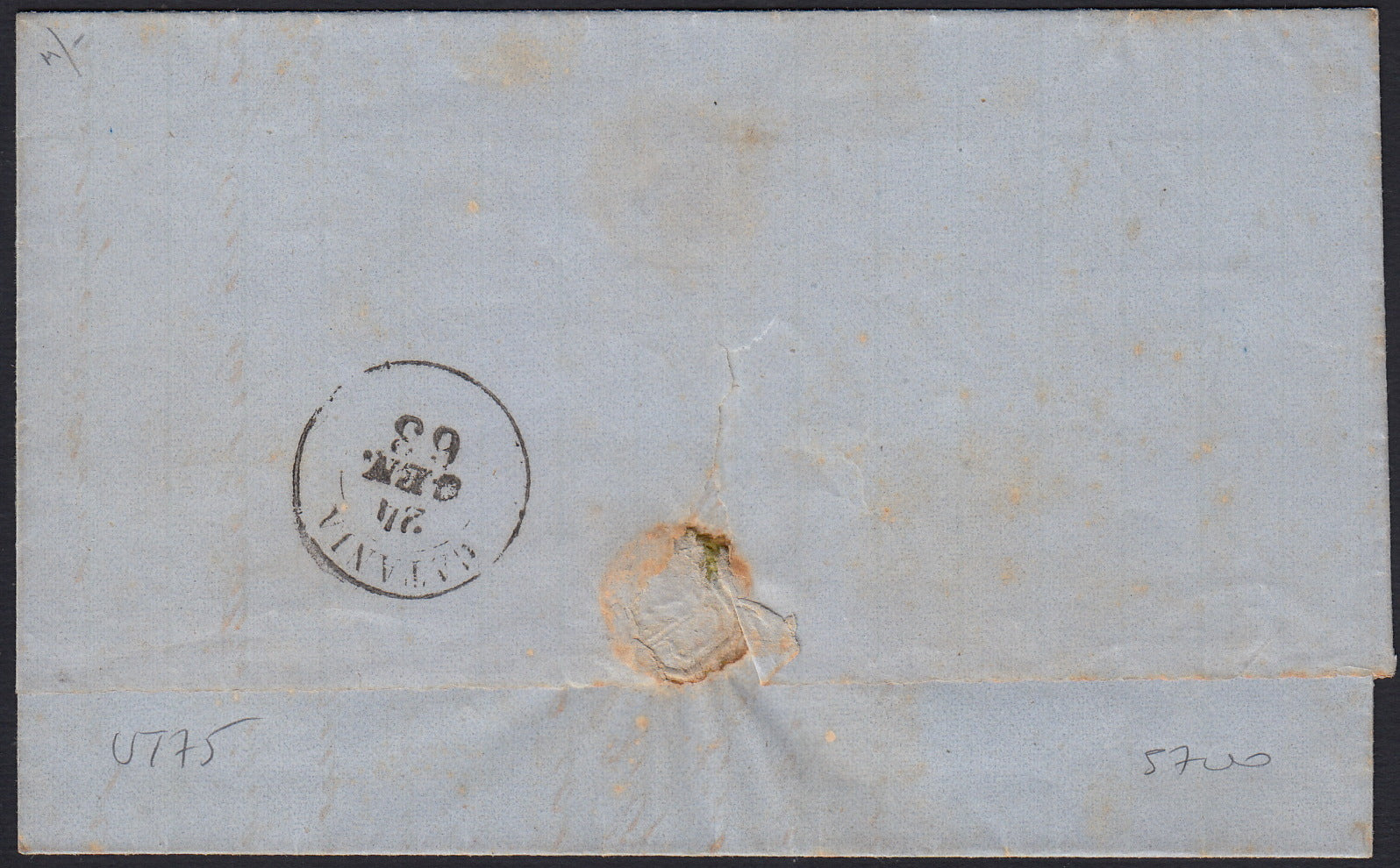 UT75 - 1863 - Lettera spedita da Castrogiovanni per Catania 26/1/63 affrancata con c.15 azzurro scuro tipo Sardegna (11b)