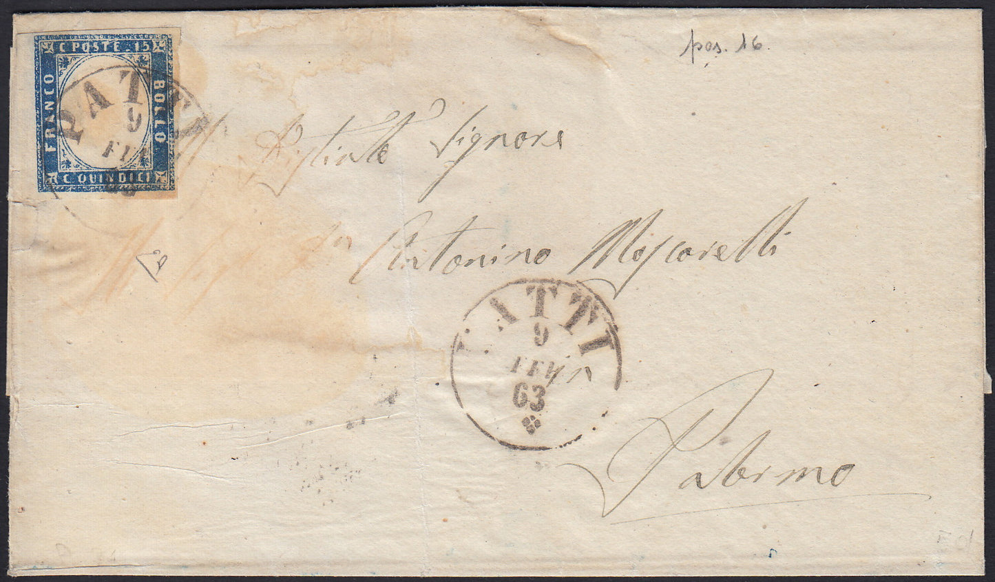 UT76 - 1863 - Lettera spedita da Patti per Palermo 9/2/63 affrancata con c.15 azzurro grigio tipo Sardegna (11e, punti 12)